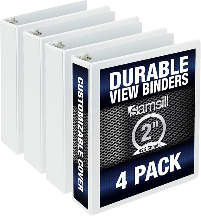 Samsill 4 Pack Durable 2 Inch 3 Ring Binders, Round Ring, Clear View Cover for Presentations, White