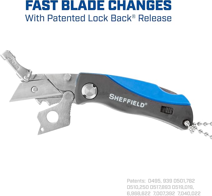 Sheffield 12125 Mini Box Cutter & 5 Blade Storage Compartment and Key Chain | Sheffield Utility Knife, Mini Utility Knife with Aluminum Handle for Home, Office, Trades, and Warehouse