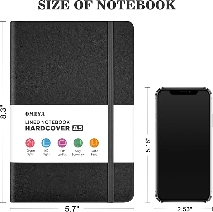 OMEYA 4 Pack Lined Journal Notebooks for Work, 100gsm Thick Paper, 5.7"x 8.3", College Ruled A5 Black Notebook Bulk, Leather Journal for Writing, Hardcover Notebooks for School, Office, Journal for Men