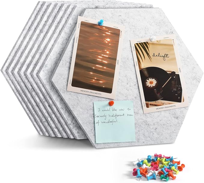 8-Pack Hexagon Felt Bulletin Board Tiles, Cork Board Alternative | For students and teachers creating vision boards in homes, offices, dorms or classrooms; includes 30 push pins.