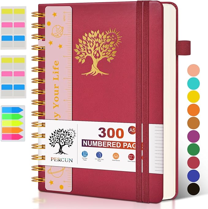 Spiral Notebook Journal for Women Men, 300 Numbered Lined Pages, College Ruled, A5 Hardcover Spiral Bound Notebook for School, Work, Note Taking Writing, Leather Spiral Journal Medium 5.9"x8.5"