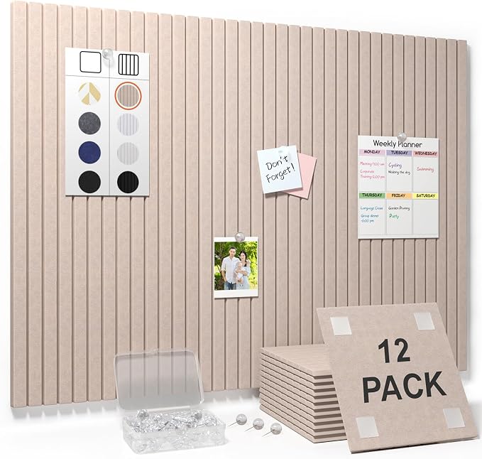 Felt Bulletin Board 48"x36"- 12 Pack Large Cork Board Tiles with 35 Pushpins & 50 Adhesive Tabs, Cork Board Alternative for Office, Classroom, Home & Kitchen Decor-Dark Camel