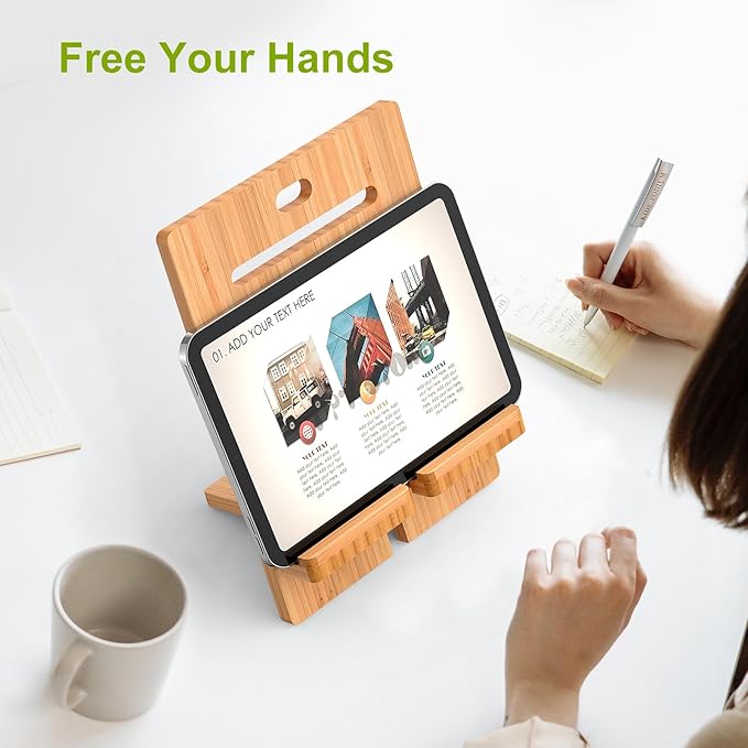 Pezin & Hulin Bamboo Tablet Stand Adjustable, Desktop Cell Phone Stand Holder Dock Compatible with Pad 9.7, 10.5, 12.9, Air 2 3 4 Mini, E-Reader, Phone 8 Plus X XS Max XR (Support to 4.7-13" Devices)