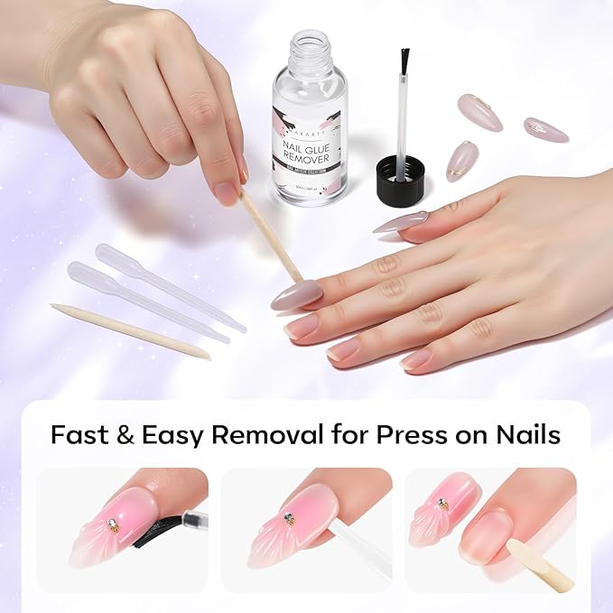 Makartt Press On Nail Glue Remover: Fast and Easy Adhesive Remover for Fake Nails Tips & Glue Off, Hema-Free Debonder Nail Remover Serum with 2 Dropper Applicators and 2 Cuticle Sticks, 30ml