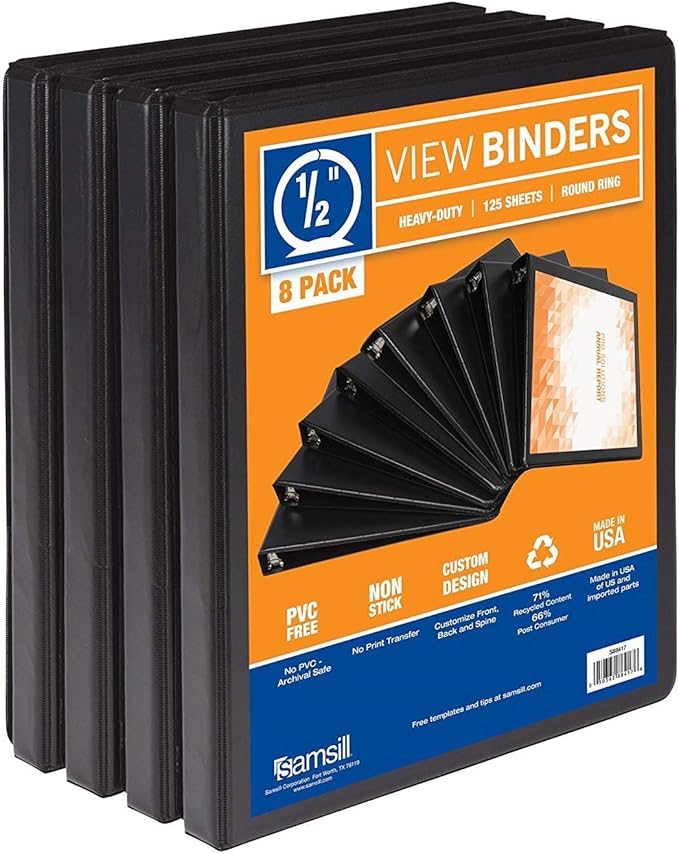 Samsill 8 Pack Durable 0.5 Inch 3 Ring Binders, Round Ring, Clear View Cover for Presentations, Black