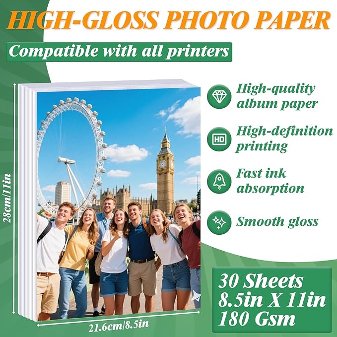 LOKUNN 30 Sheets Photo Paper Glossy, Printer Photo Paper 8.5 x 11 Suitable for Dye Inkjet Printers. Convenient for Home Use. Can Print Photos, Advertising Covers, Recipe Cards