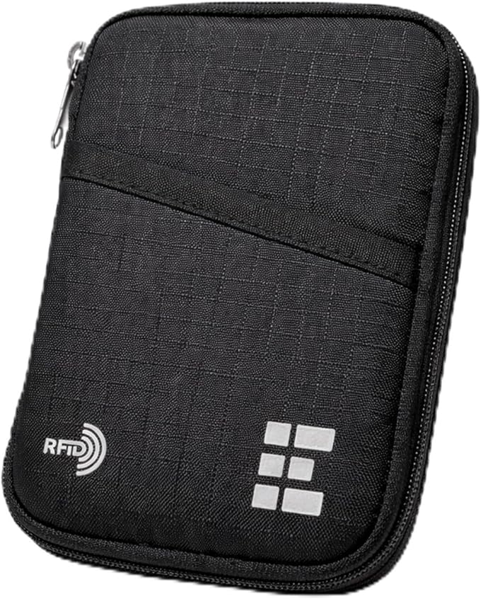 Zero Grid RFID Passport Holder & Travel Wallet, Zippered Wallet for Men & Women, Fits Passport, Cards, Cash, Tickets, ID, Sim Card, AirTag; Premium & Compact Travel Document Holder - Midnight Black
