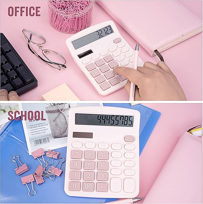 Cute Pink Desktop Calculator with Big Buttons, Dual Power Source, Solar and Battery, Large Display Screen - Perfect for Office, Teachers, and Students (Pink)