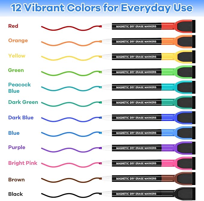 Magnetic Dry Erase Markers with Eraser Caps, 1-2mm Bullet Tip, Low Odor Quick Dry Ink, 12 Colors, Whiteboard Marker Set for Fridge Calendar Office, 36 Count