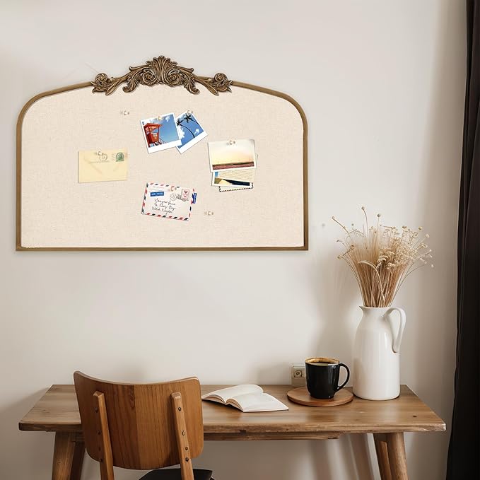 Vintage Framed Pin Board Linen Display Bulletin Board Large Ornate Fabric Picture Photo Pinboard Memo Decorative Prayer Pinboard Ornate for Wall Gift(Arch,23.6" X 35",Antique Golden)