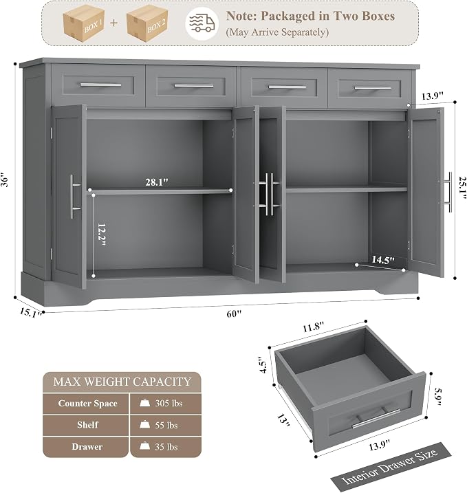 HOSTACK 60" W Sideboard Buffet Cabinet with Storage, Kitchen Cabinet, Gray | 36" Tall Kitchen Buffet Storage Cabinet with 4 Drawers, Large Coffee Bar Cabinet, Modern Buffet Table for Dining Living Room
