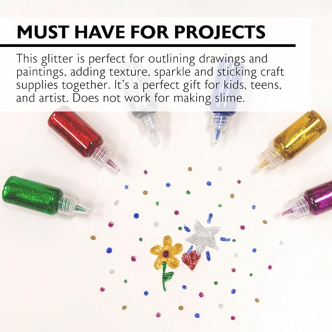 BAZIC Products Classic Glitter Glue, 6 Colors, 0.67 Oz, 72-Case | washable and non-toxic, classic glitter glue tubes, 0.67 Oz each, glue and glitter in one