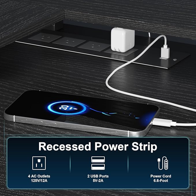 L Shaped Gaming Desk with Power Outlets and LED Lights, 53 inch Cornor Computer Desk with Storage Shelves, Gamer Desk with Storage Bag and Hooks Home Office Table for Bedroom Living Room Black