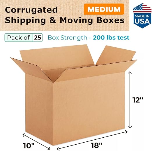 Medium Shipping & Moving Boxes 18"L x 10"W x 12"H (25-Pack) - Extra Strength 200 lb vs Regular - Corrugated Moving Boxes, Made in USA - Heavy Duty Box for Packaging by IDL Packaging | Extra Strength 200 lb vs Regular - Corrugated Moving Boxes - Heavy D...