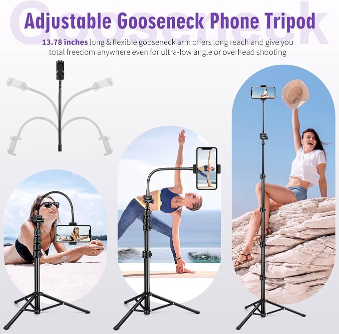 80" Phone Tripod, Selfie Stick, Aluminum Cellphone Tripod Stand | for Video Photo Vlog, Travel Tripods with Gooseneck Remote Phone Holder, Compatible with iPhone Android Smartphone