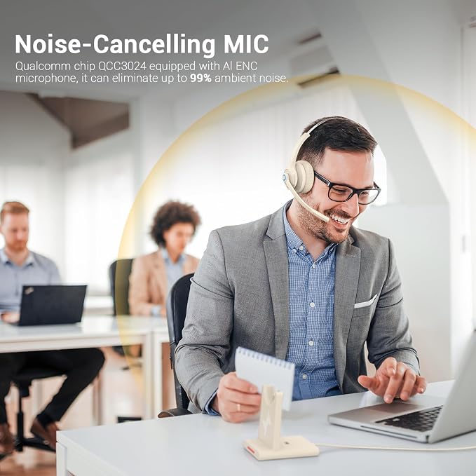 Bluetooth Wireless Headset with Mic for Work, Bluetooth 5.2, Advanced Noise Reduction Microphone, Clear Calls - Comfortable On-Ear Headphones, Applicable to PC, Laptop, Phone, Android, Zoom, Office