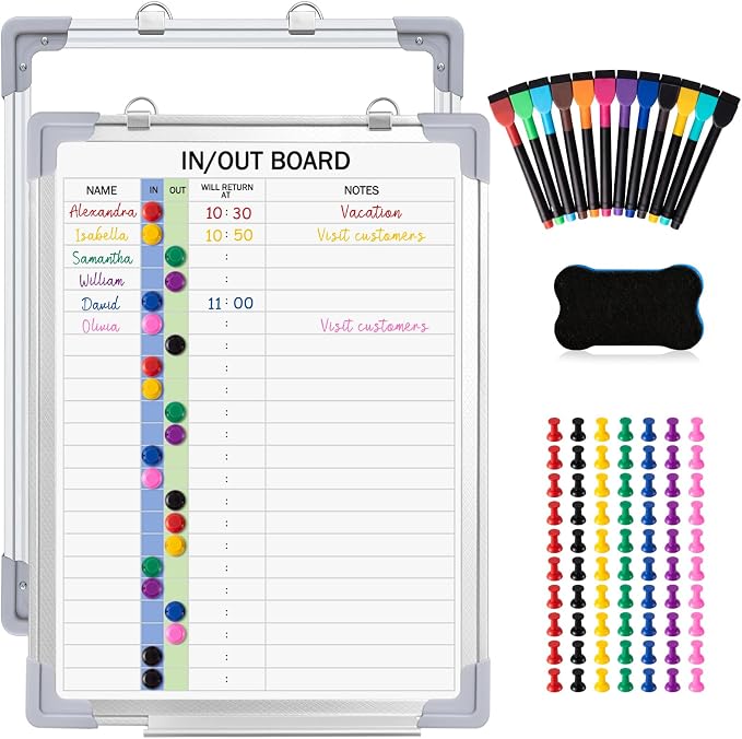 in and Out Magnetic Dry-Erase Board Aluminum Framed White Board with Lines Names with Magnetic Dry-Erase Marker, Eraser, and Magnets Wall-Mounted for Office Employee (16" X 12",Colored Styles)