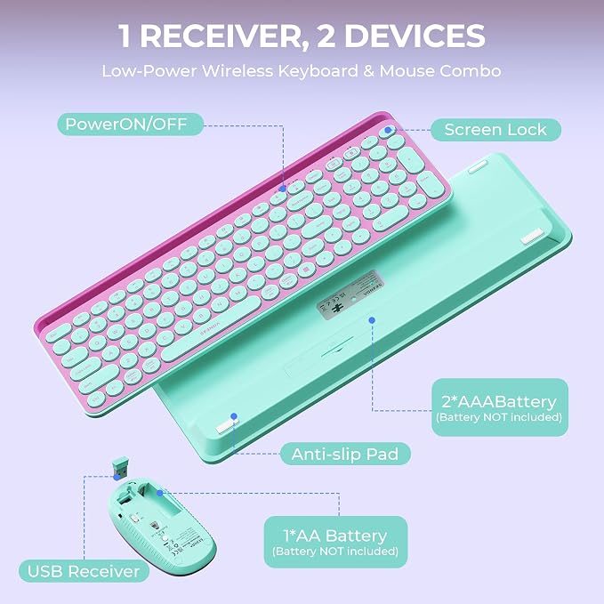 seenda CTU-301 Bluetooth Keyboard and Mouse Combo for iPad,Green&Pink | Bluetooth+2.4G combo with tablet holder, full-size keys and quiet clicks for iPad, iPhone, Mac, Windows and Android.