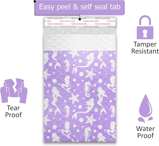 Pro Supply Global Purple Mermaids Self-Seal Bubble Mailers Padded - 6"x9" (20 Pieces) - A Colorful Shipping Envelopes Bags for Small Items Packaging, Mailing, Gifts, Documents, Crafts and Accessories.