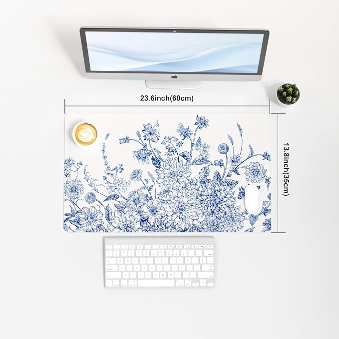 Faux Leather Large Mouse Pad, Office Desk Mat, 23.6"x13.8", Blue Flowers | Desk Décor Accessories, Extended Size, Waterproof & Easy to Clean, Smooth Surface, Non Slip Desk Organization