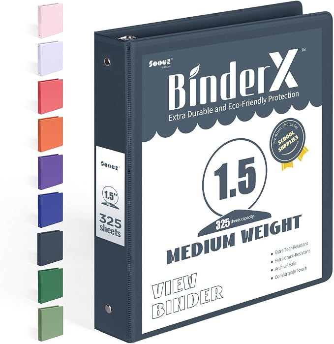 BinderX 3 Ring Binder 1.5 Inch, 1.5" Clear View Binder, Dark Blue, Letter | Extra Durable, PVC-Free, Customizable, Interior Pockets, 325-Sheet Capacity, Eco-Friendly, Reinforced Hinge, School, Office
