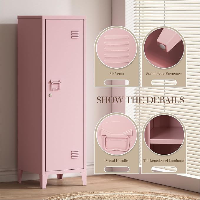 Locker Cabinet, 50" Pink Small Metal Locker Storage Cabinet for Employees with Locking Door and 2 Shelves Kids Locker Tool File Cabinets for Bedroom, Home Office, Garage, Bathroom