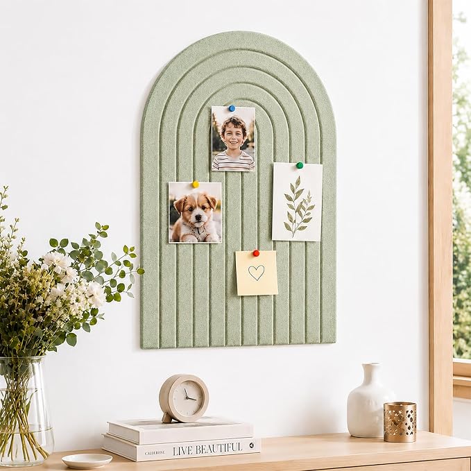 Large Arched Felt Bulletin Board, Sized 36" x 24" for Office & Wall Decor – 6 Customizable Adhesive Tiles with Pins are Perfect to Display Your Photos (Sage Green-A)