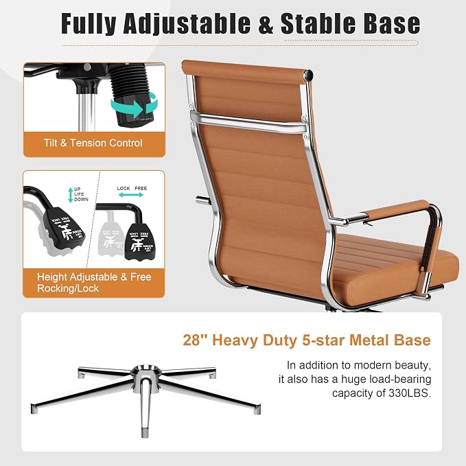 Okeysen Office Desk Chair, Ergonomic Leather Modern Conference Room Chairs, Executive Ribbed Height Adjustable Swivel Rolling Chair for Home Office Set of 8. (Brown)