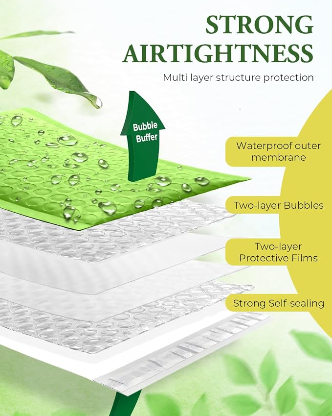 GSSUSA Green Bubble Mailers 4x8 100 Pack, Self Seal Padded Envelopes | Usable Size 4x7, Waterproof, Opaque, #000, Bulk Mailing Bags For Cards, Jewelry, Gifts, Accessories, Online Sellers