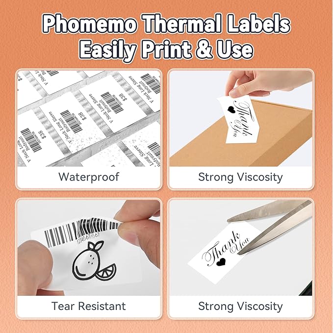 Phomemo Thermal Labels, Address Barcode Thermal Stickers for M220/M221/M200/M250 Label Printer Machine, 2.75"x1.57"(70x40mm),100 Labels/Roll, for Barcode/Address/Mailing/Logo,Black on White