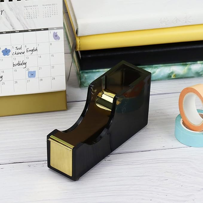 Acrylic Black Tape Dispenser Gold for Desk Masking Tape Cutter Holder 1-Inch Core Office Tape Dispenser