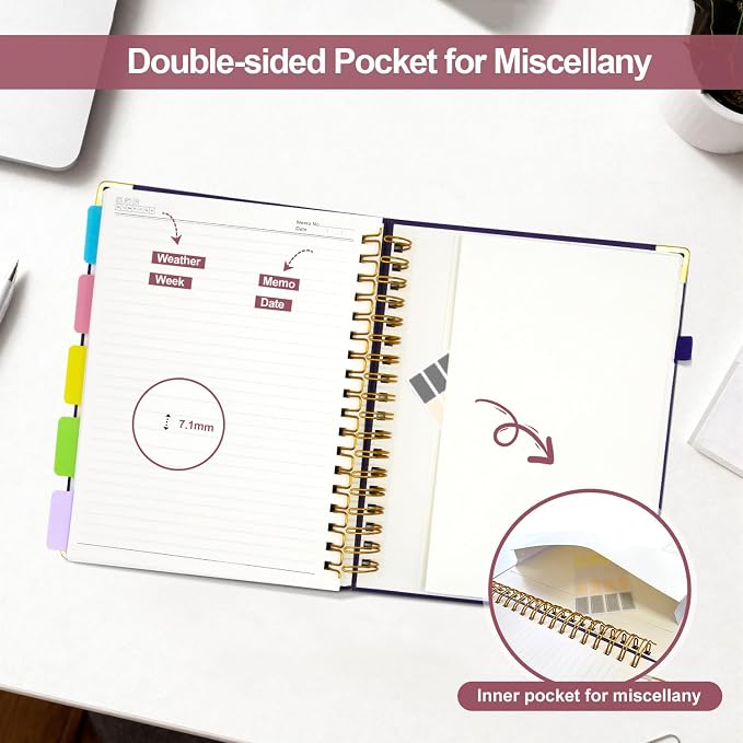 Hardcover Spiral Notebook Journal with Removable Dividers Tabs | 320 Pages, 5 Subject Notebooks College Ruled, 6.2"x8.2" Leather A5 for Work & School, Lined Journal for Women