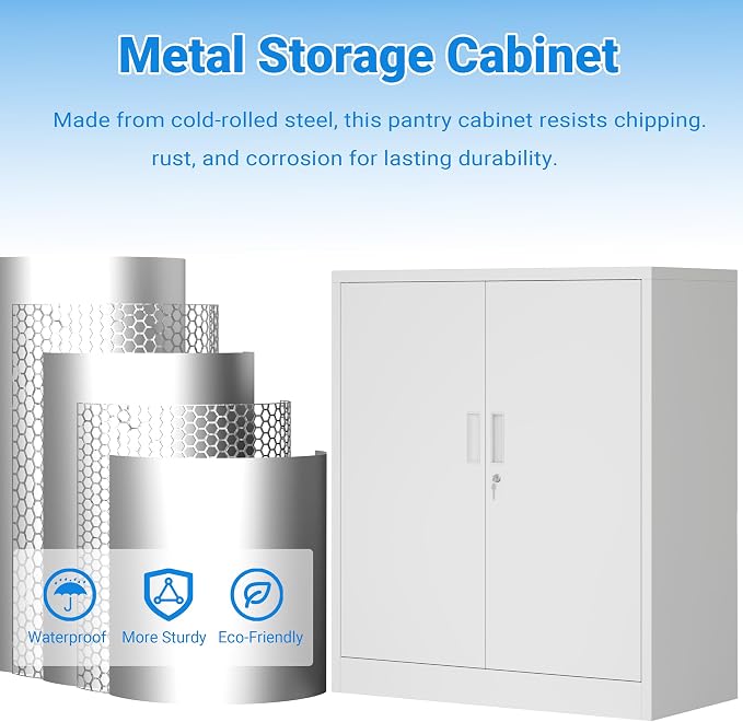 BESFUR Metal Storage Cabinet with Lock and 2 Adjustable Shelves, 36" H Lockable Storage Cabinet for Home, Office, Garage, Utility Room and Basement(White)