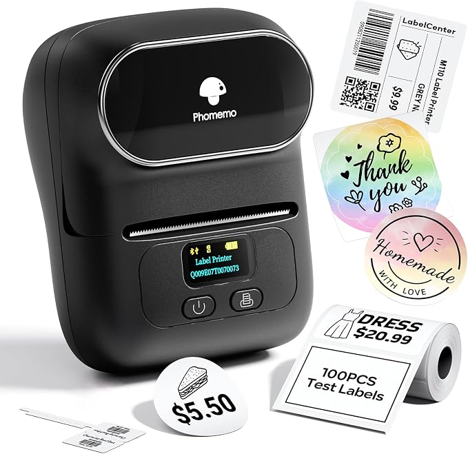 Phomemo M110 Label Makers, Portable Bluetooth Thermal Printer with Display | 2 Inch Barcode Sticker Printer Easy to Use for Small Business, Home, School, Office, APP with 6000+ Templates, Black