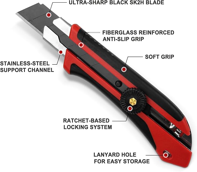 HAUTMEC 25mm Extra Heavy-Duty Utility Knife, Multi-Purpose Snap-off Box Cutter, Ratchet-lock Mechanism, Reinforced Fiberglass Handle HT0250-KN