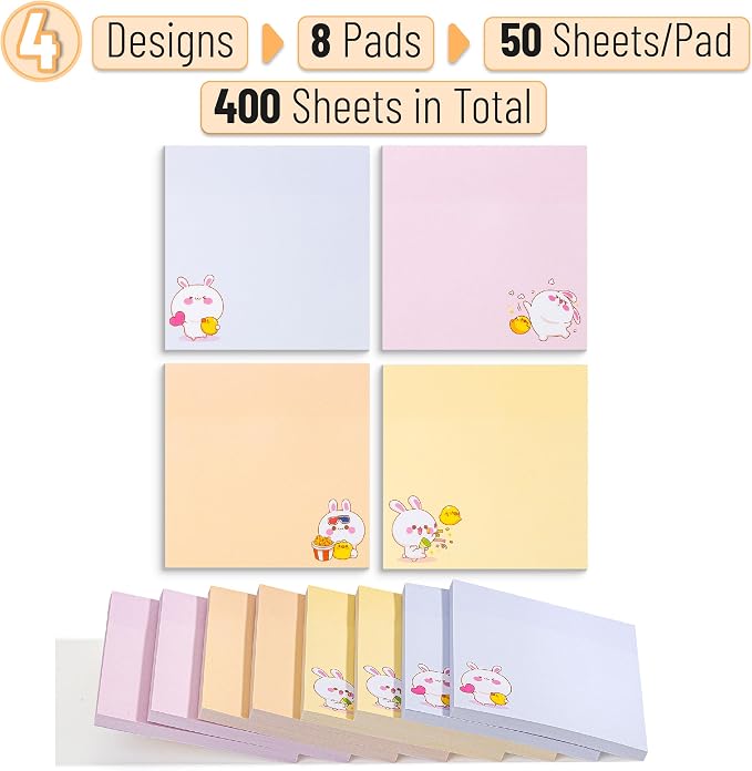 Mr. Pen- Aesthetic Sticky Notes, 3"x3", 8 Pads, 400 Sheets, 4 Designs | Cute Rabbit Sticky Notes, Self-Stick Note Pads Aesthetic, Perfect for Office, School, Home, Study & Organization