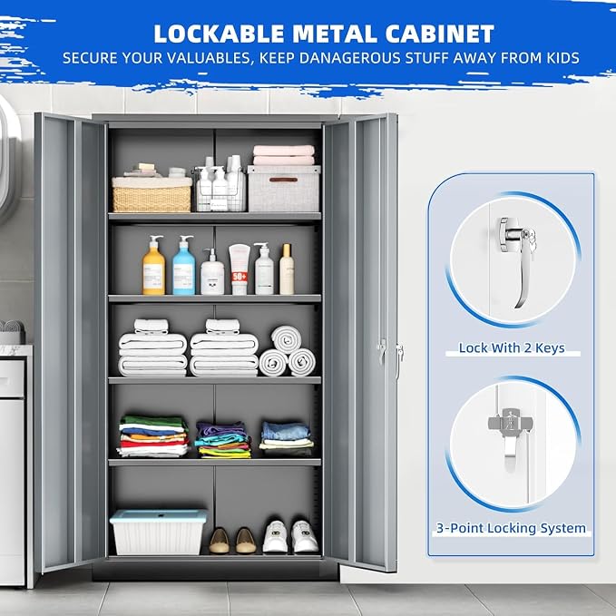Metal Storage Cabinet,72" Locking Steel Cabinets with 2 Doors and 4 Adjustable Shelves,Tall Steel Storage for Home Office, Garage,Warehuse (Black Grey)