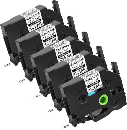 5 X Compatible with P-Touch TZe-131 AZE-131 TZ-131 Black on Clear 12mm 0.47'' Laminated Label Tape Replacement for Ptouch PT-H100 PT-D200 PT-P700 PT-1000 PT-2030 Label Maker