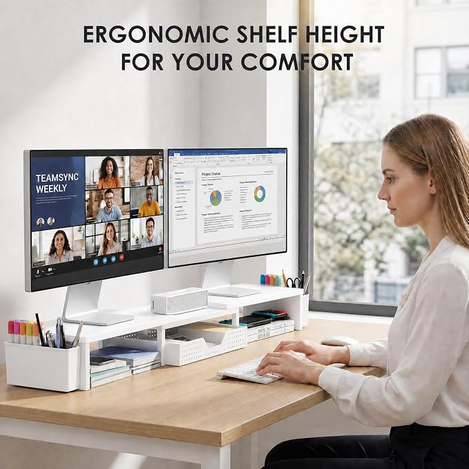 Desk Organizers and Accessories, Dual Monitor Stand Riser with Drawer and 2 Pen Holders, Desk Shelf Computer Racks for Office Workspace Organizers, Desktop Organization (White)