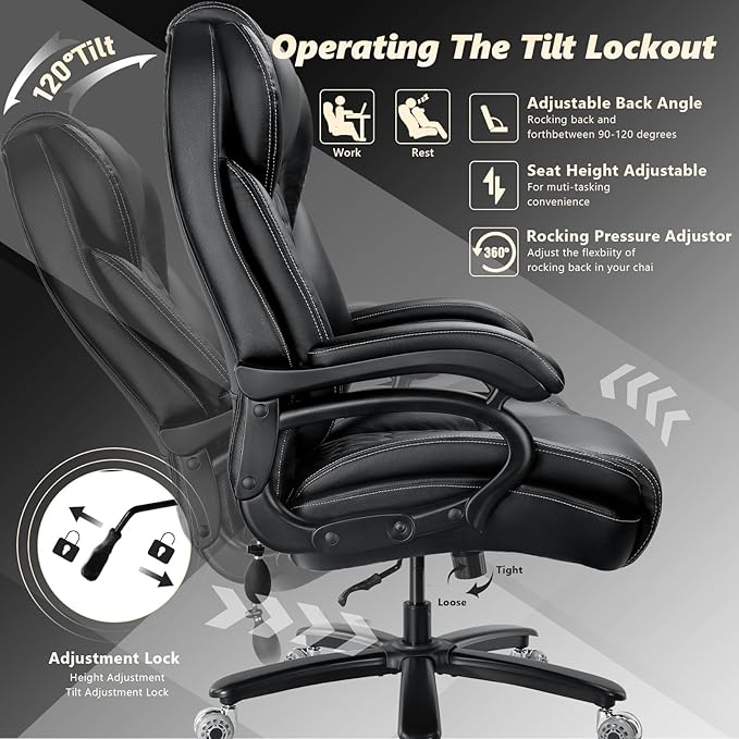 600lbs Big and Tall Office Chair with Pocket Spring Cushion, Heavy Duty Office Chair for Low Back Pain Relief, Large Executive Office Chair with Dual Rubber Wheel