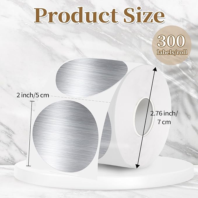 2 Inch Holographic Thermal Labels,Silver Round Thermal Printer Labels,Printable Round Thermal Printer Labels Self-Adhesive Direct Thermal Label(300pcs Brushed Silver)