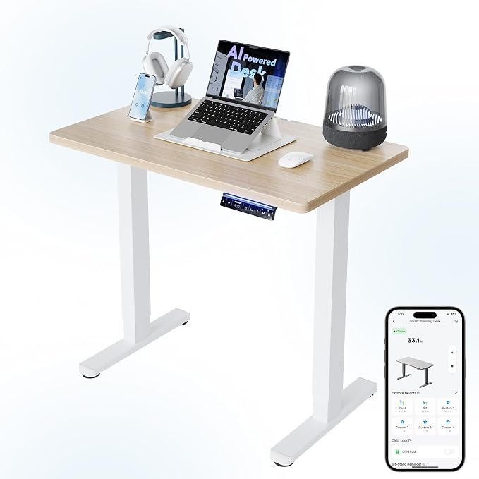 HUANUO One-Piece AI-Powered Electric Standing Desk, Smart APP, Work with Alexa & Google, Adjustable Height, 3 Memory Settings, Sedentary Reminder, Ergonomic Sit-Stand Desk, 32-inch, Light Walnut