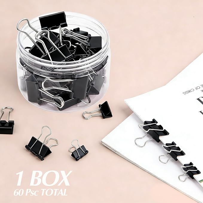 Binder Clips Assorted Sizes, Durable Metal Binder Clips for Office, Cute Desk Supplies for Teachers Student (60, Black)