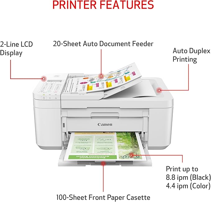 Canon PIXMA TR4720 All-in-One Wireless Printer Home use, with Auto Document Feeder, Mobile Printing and Built-in Fax, White