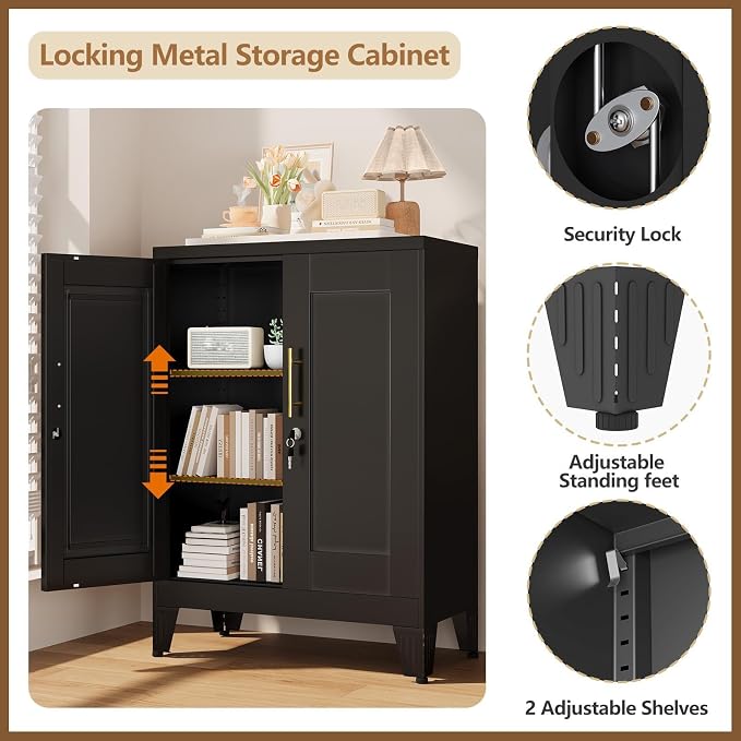 GAIOUS Black Metal Pantry Cabinet with Lock(Two Units), Sideboard Buffet | Storage Cabient with Doors and 2 Adjustable Shelves, Multifunctional Kitchen Cupboard for Home Office, Buffet Table
