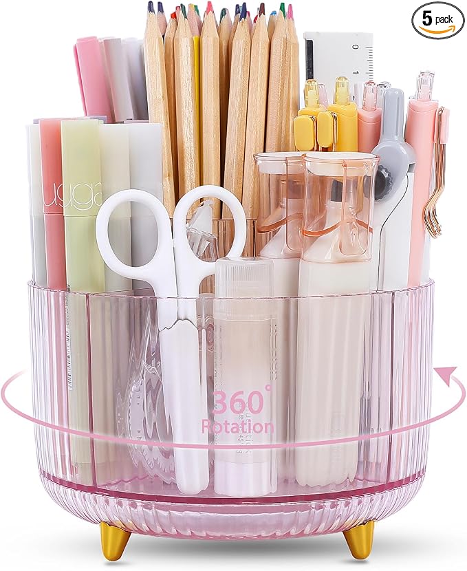 SKYDUE Rotating Pencil Pen Holder, Pen Organizer with 5 Slots - Aesthetic Desk Organizer and Accessories for School, Home, Office Supplies