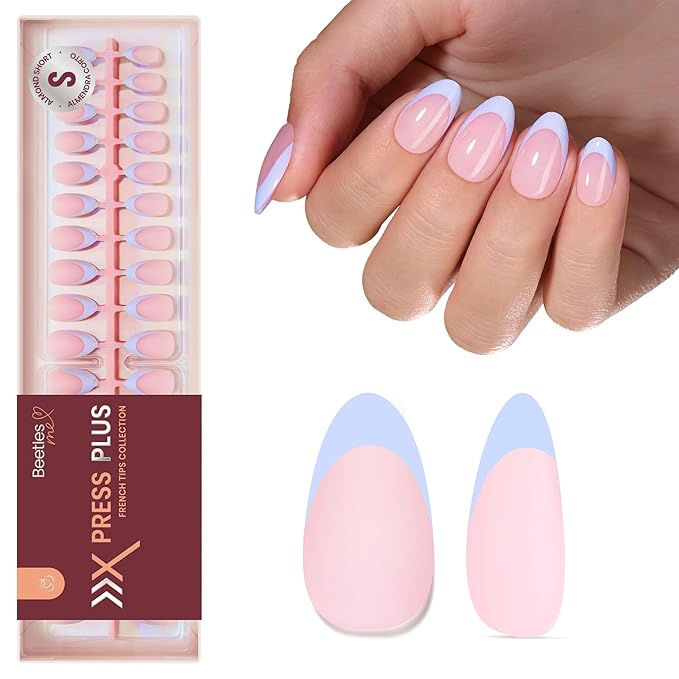 Beetles Blue French Tips Press On Nails, 160 Pcs Pastel Spring Press On Nails Short Almond, Blue Fake Nail Tips Soft Nail Gel False Nails Art DIY For Women