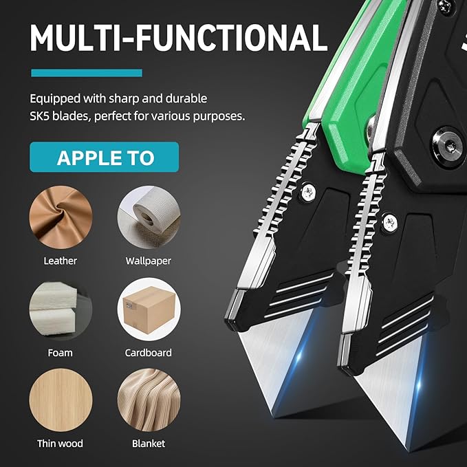 KATA Folding Utility Knife 4-Pack, Heavy Duty Box Cutter with Pocket Clip, Fixed Blade Safety Knife, Quick-Change Razor, Includes 20 Extra SK5 Blades Cutting for Cardboard, Carpet, Rope & DIY