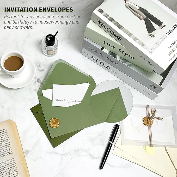 YINUOYOUJIA 50 PCS Sage Green Specialty Paper Envelopes A7, 5 x 7 Envelopes for Invitation, Great for Wedding Invitation Cards, Photos,Perfect for Birthday, Baby Shower, Graduation, Christmas