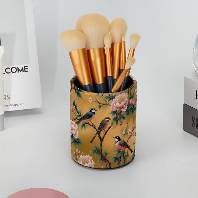 Leather Pen Holder for Desk, Peony Bird Pencil Cup Pen Organizer Makeup Brush Holder for Office Home Kids Countertop Desk Accessory Storage